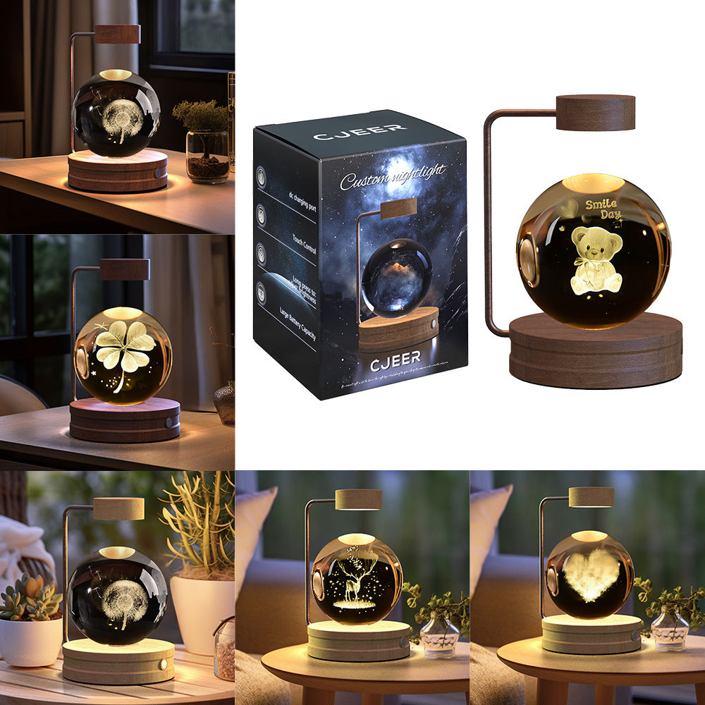 Collage of a personalized night light with various designs and CJEER packaging.