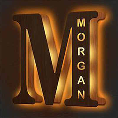 Wooden letter 'M' with 'Morgan' branding on a dark background