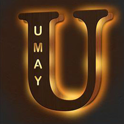 Neon sign with 'UMAY' inside a large 'U' on a dark background