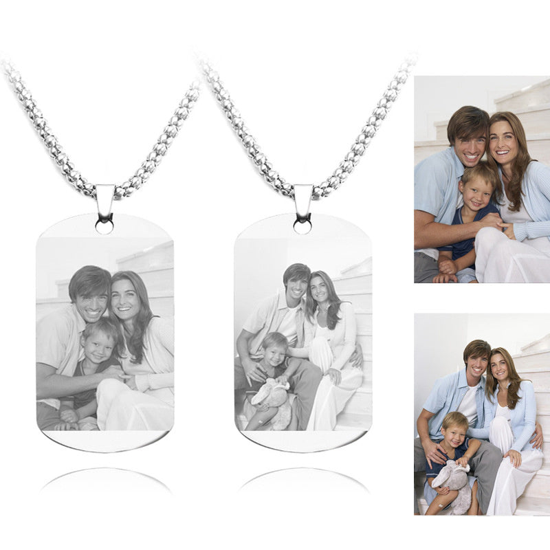 Two silver necklaces with engraved family photos on a white background.