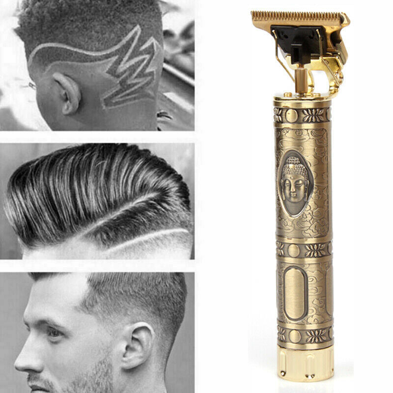 Gold hair trimmer with decorative design, surrounded by images of men with styled haircuts.