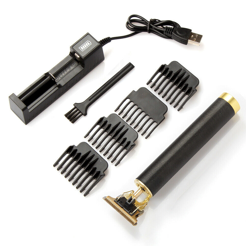 Hair trimmer set with attachments and charging cable on a white background