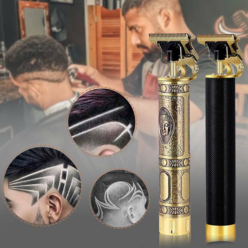 Two barber razors with detailed handles, surrounded by close-up images of haircuts and a blurred barbershop background.