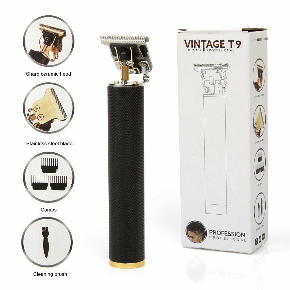Black vintage-style trimmer with packaging on a white background