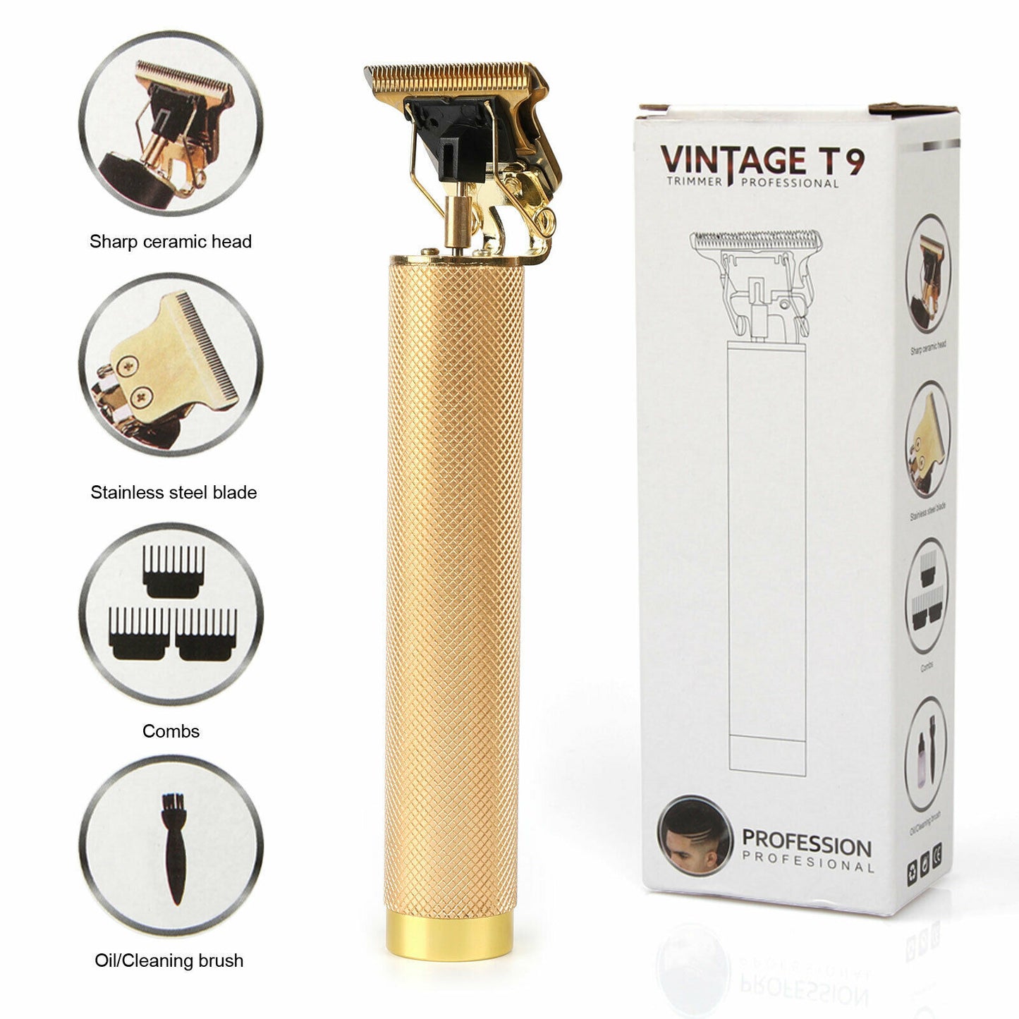 Gold hair trimmer with packaging and feature icons on a white background