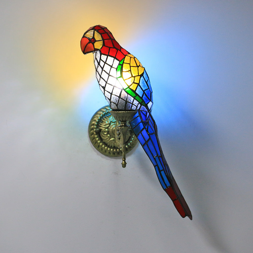 Colorful parrot-shaped wall lamp on a plain background