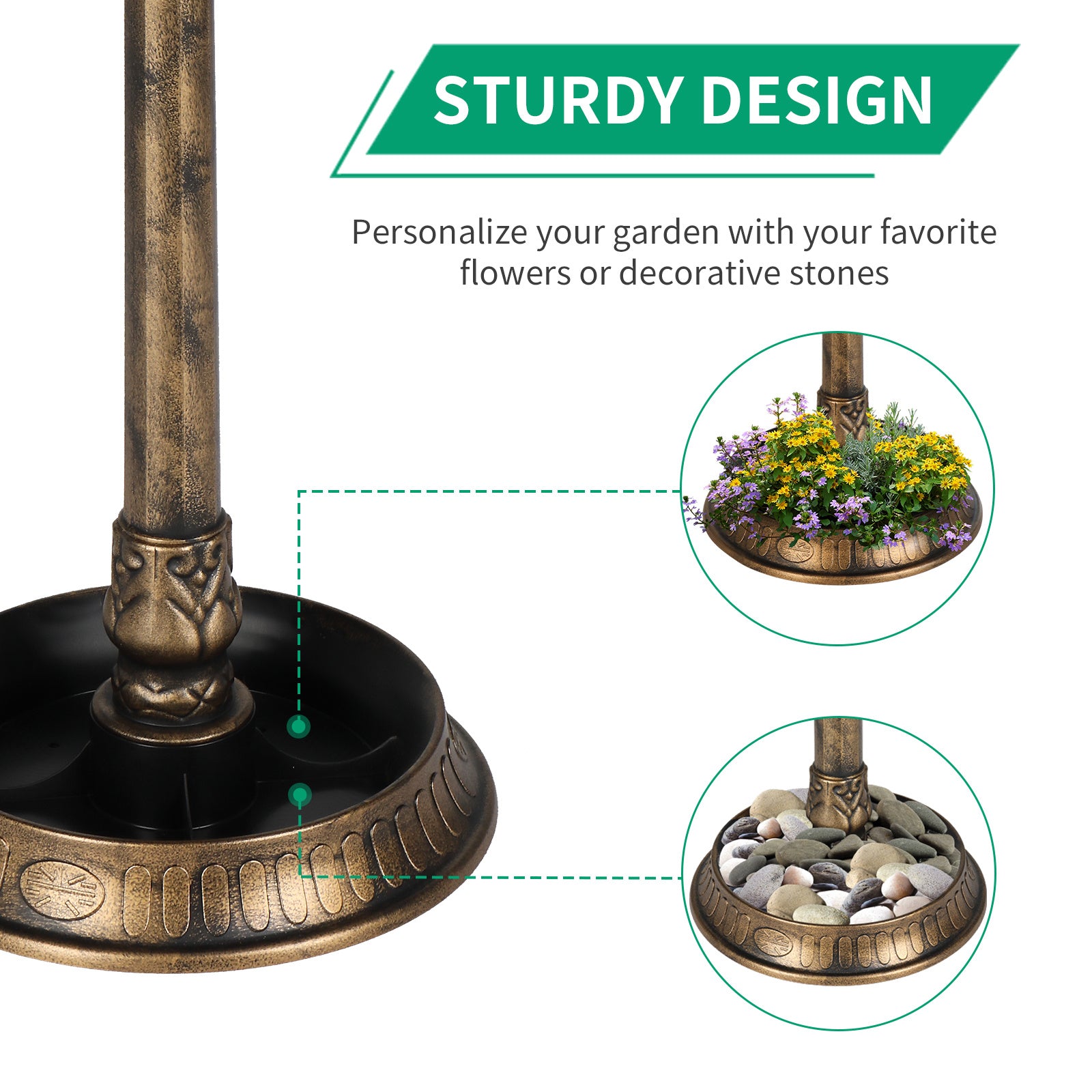 Bronze garden stand with decorative plants and stones, labeled 'Sturdy Design'.