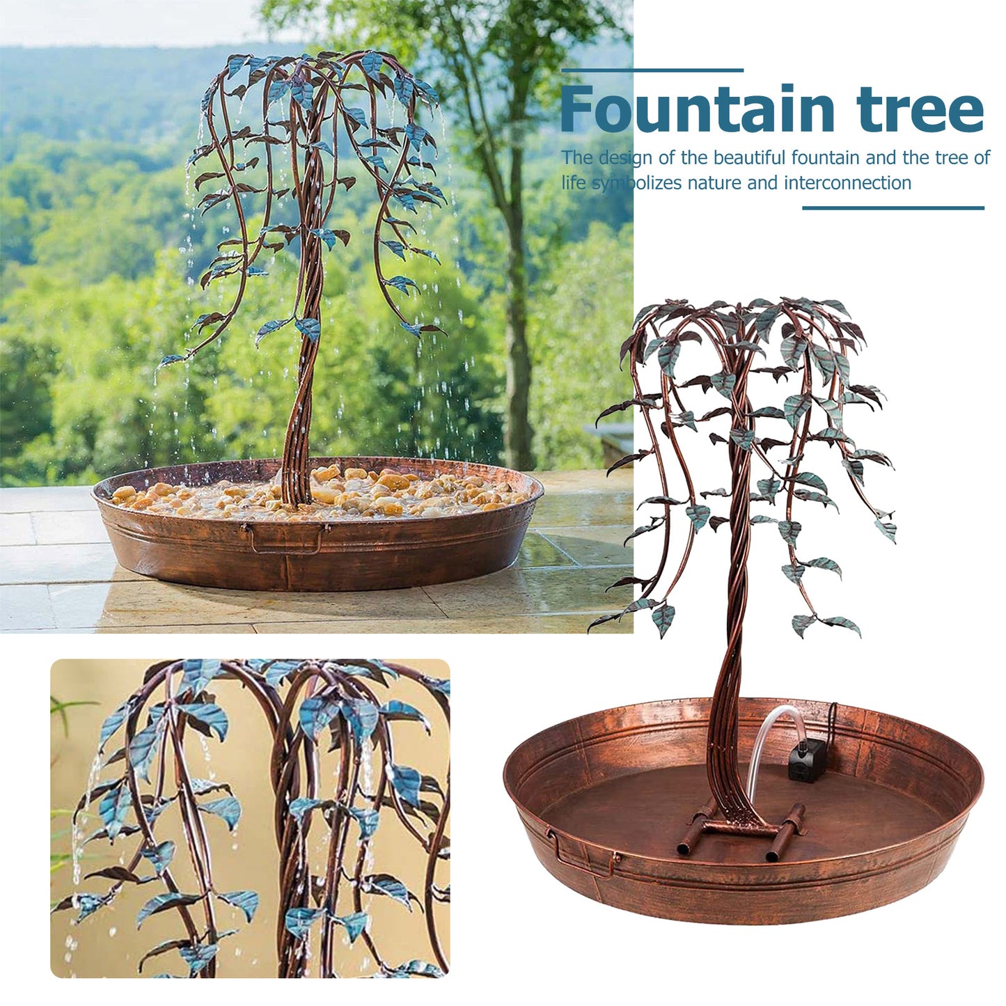 Fountain tree with water feature and decorative elements on a white background