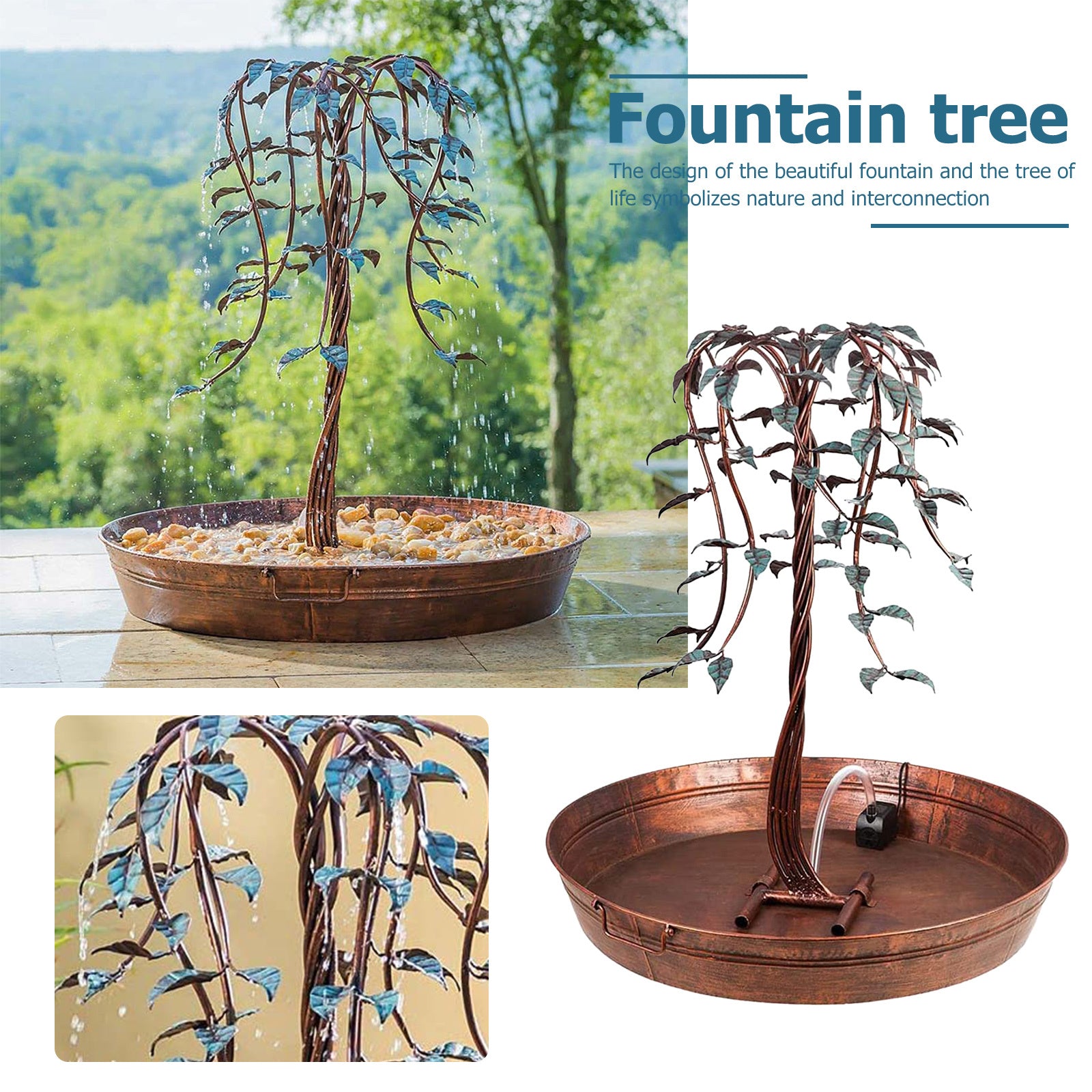 Fountain tree with water feature and decorative elements on a white background