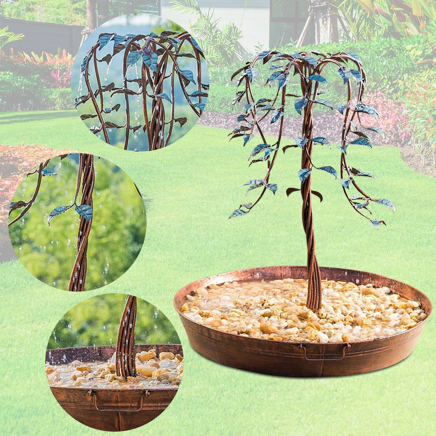 Decorative metal tree with pebbles in a planter on a green background