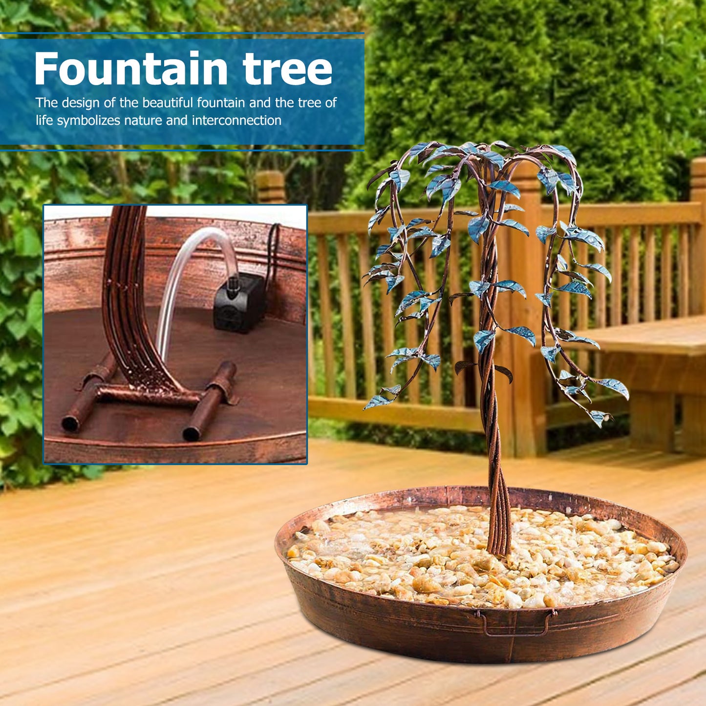 Decorative fountain tree on a wooden deck with a small pump.