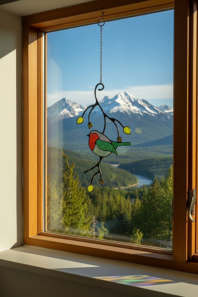 Decorative stained glass bird on a branch in a window with a mountain view