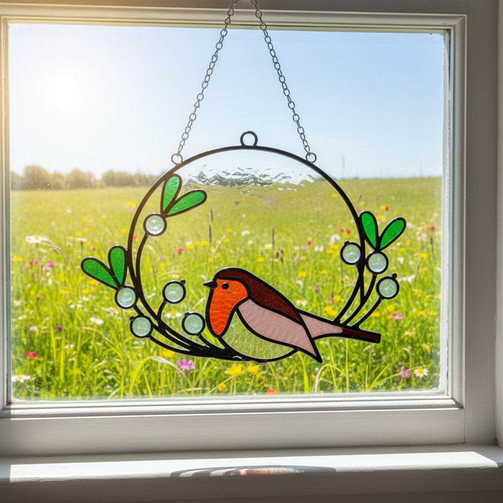 Decorative stained glass birds on a branch in a window with a meadow view