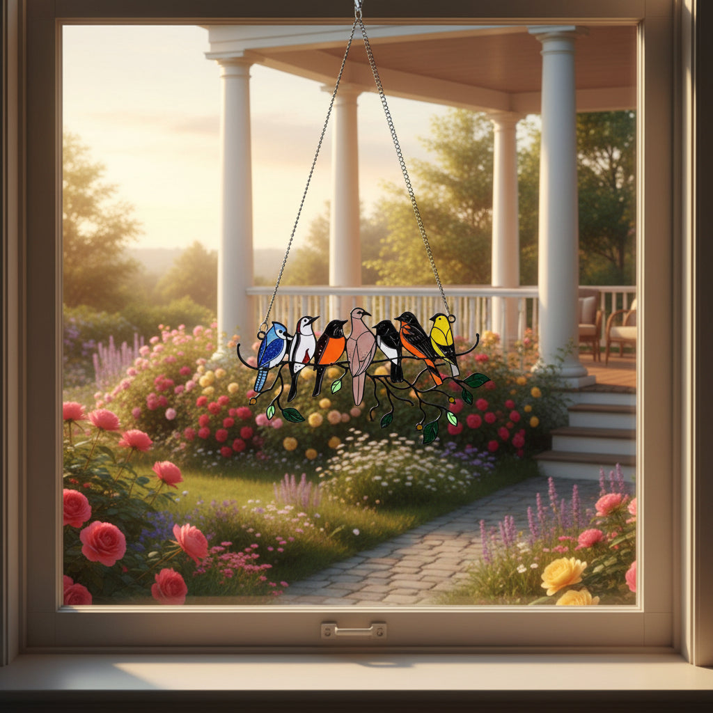 Decorative stained glass birds on a branch in a window overlooking a garden