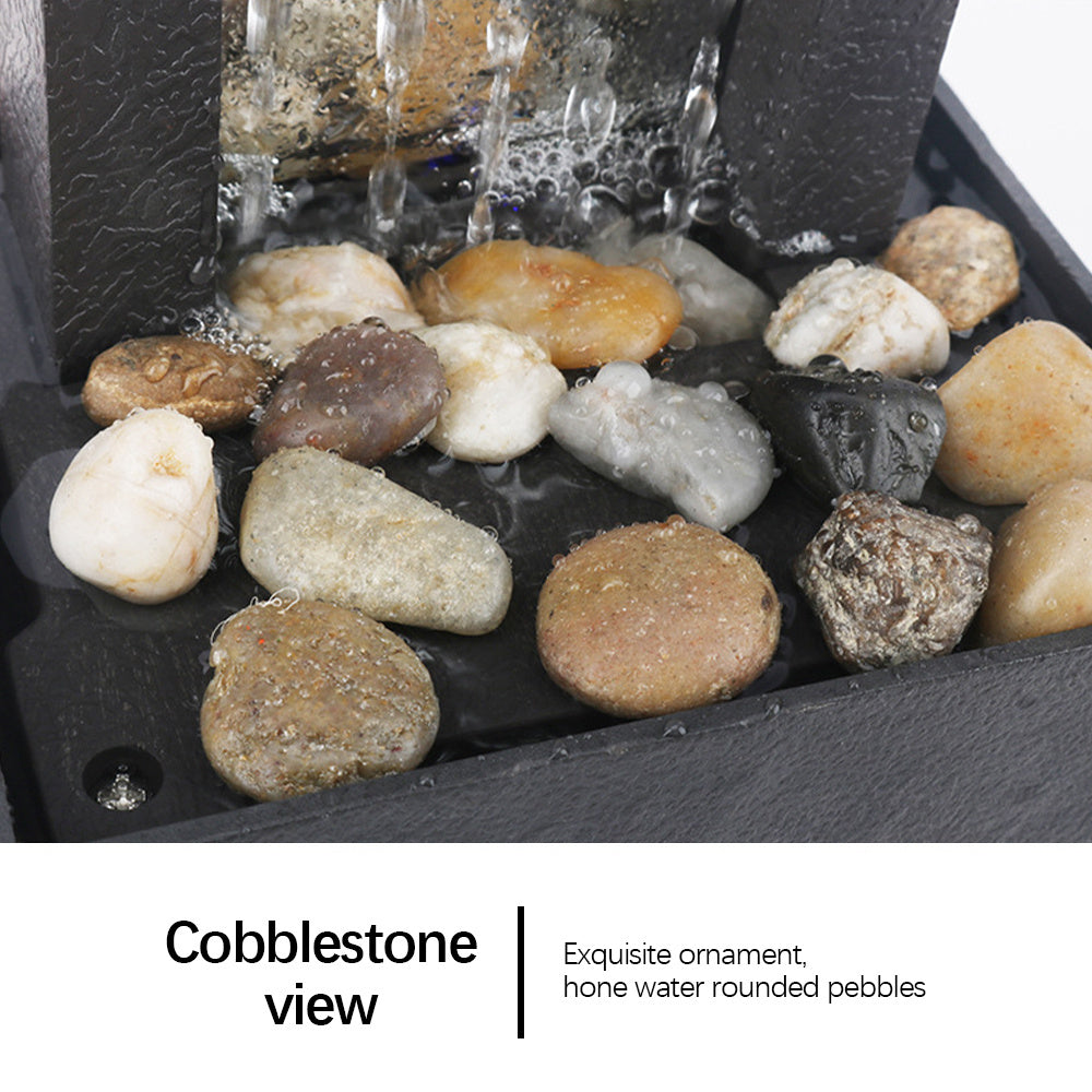 Cobblestone pebbles in a water feature with text 'Cobblestone view' and 'Exquisite ornament, home water rounded pebbles'.