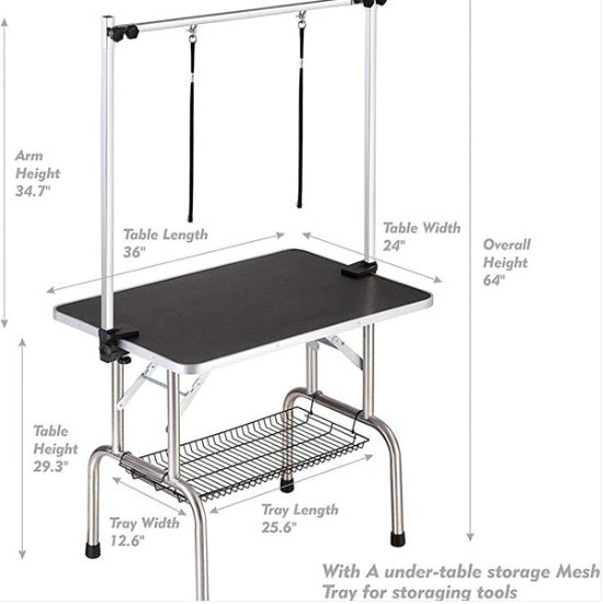 Grooming table with dimensions labeled on a white background