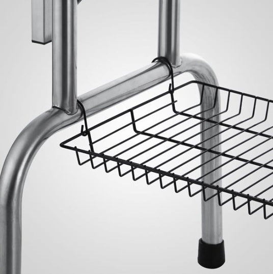 Metal shower cart with a black wire basket on a white background