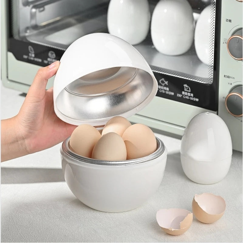 Egg cooker with eggs in front of a microwave