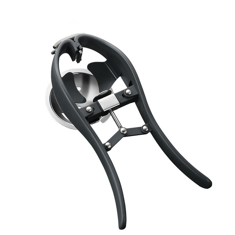 Black and silver can opener on a white background