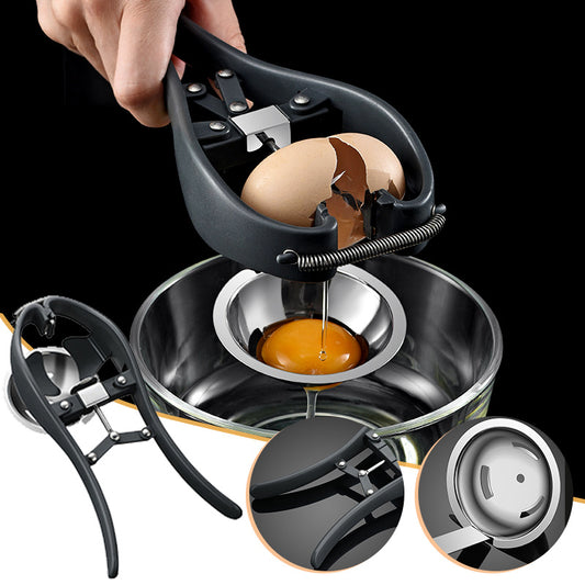 Egg separator with cracked egg and yolk in a bowl on a black background