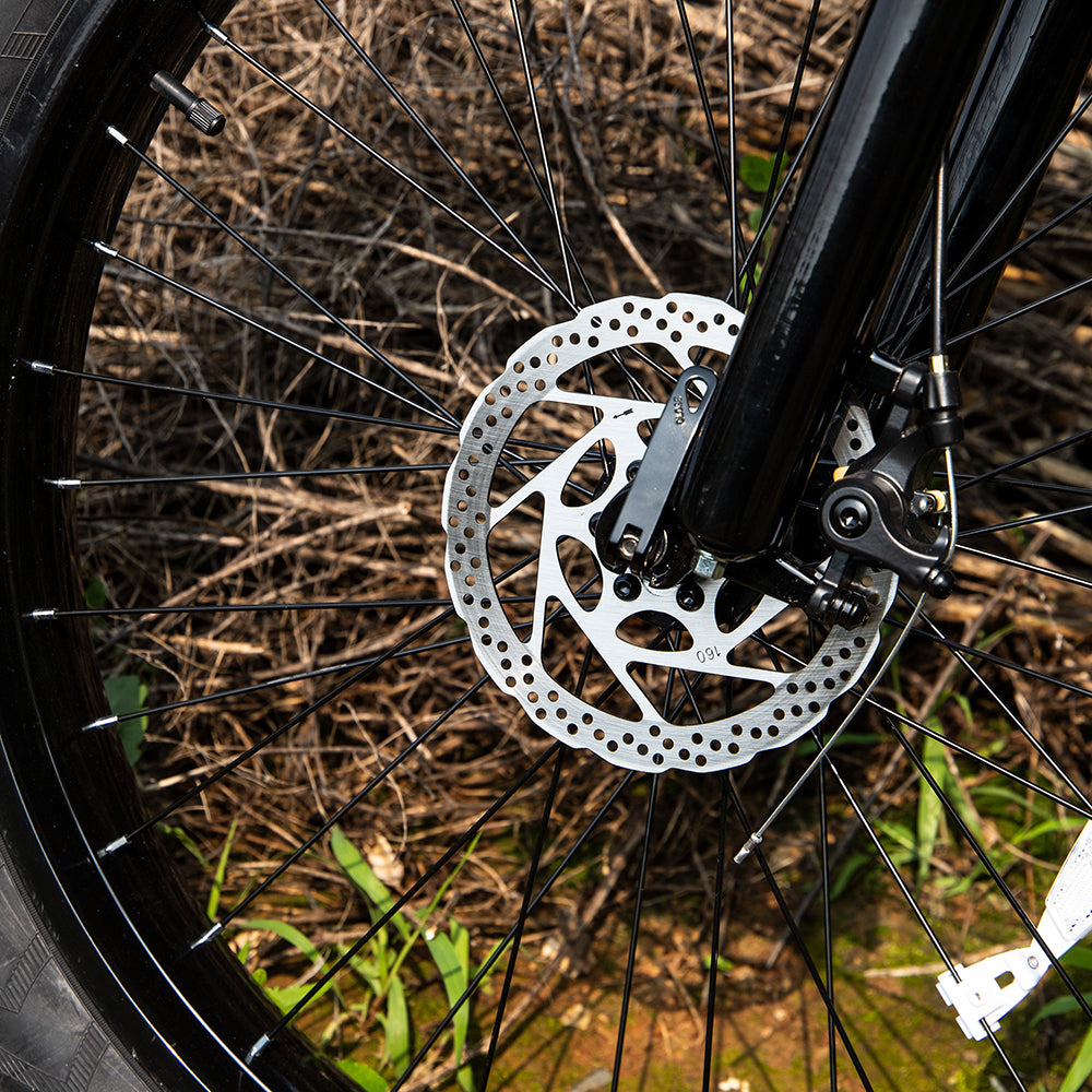 Close-up of a bicycle disc brake on a grassy background