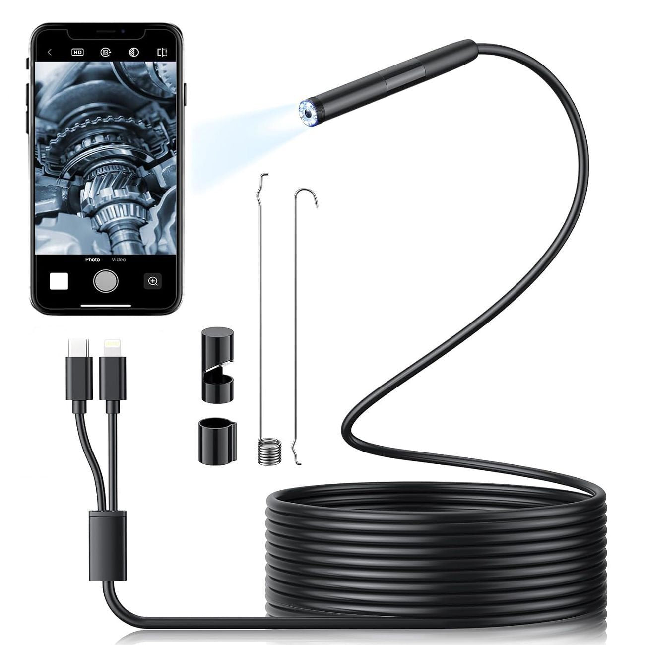 Endoscope for android or I phone showing phone and endoscope