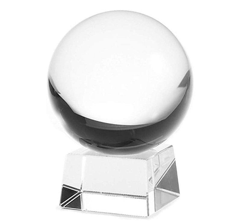 Clear crystal ball on a stand against a white background