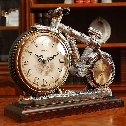 Decorative clock shaped like a bicycle on a wooden base