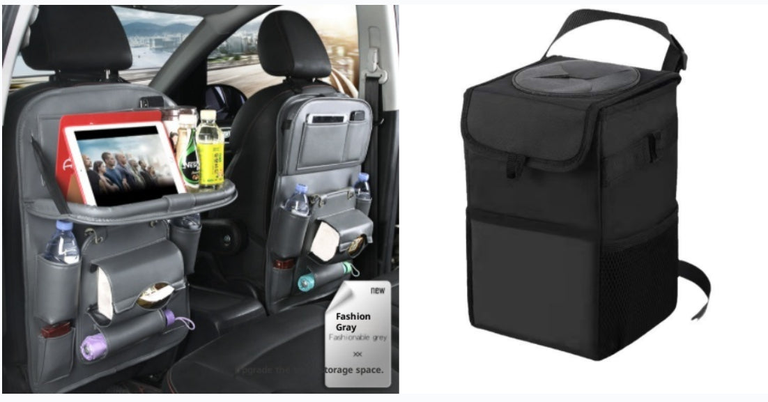 A car seat back organizer shown installed on a vehicle's rear seat with a tablet, bottles, and cups stored in its pockets, alongside a standalone view of the black fashion gray organizer bag on a white background.