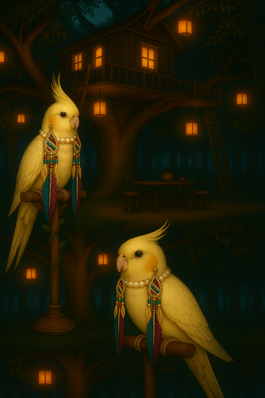 Two decorative cockatiel parrots with pearl necklaces in a dark, treehouse setting with glowing lights.