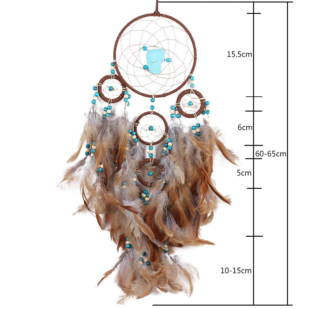 Dreamcatcher with feathers and beads, shown with measurements on a white background