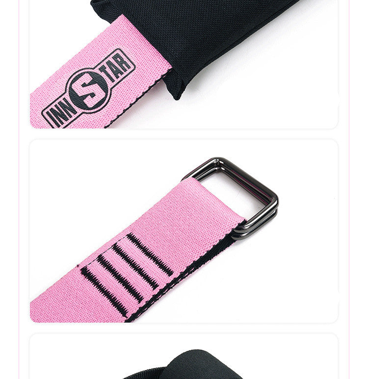 Pink strap with black logo and text on a white background