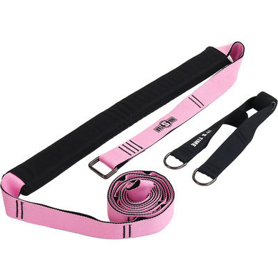 Pink resistance band with black handles on a white background