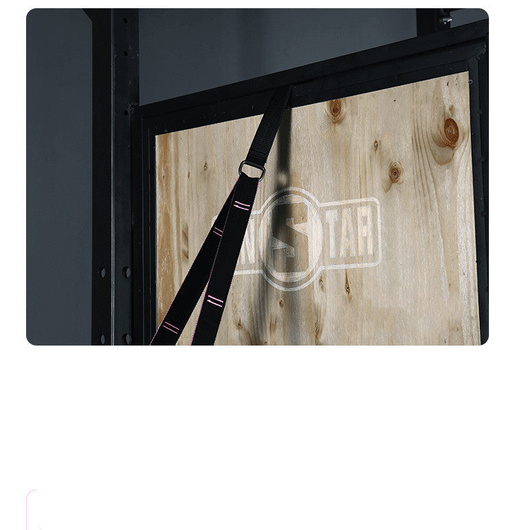 Wooden crate with a black strap on a white background