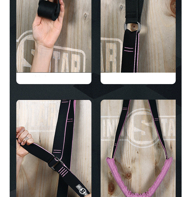Collage of a black and pink strap held by a hand on a wooden surface with 'STAR' branding.