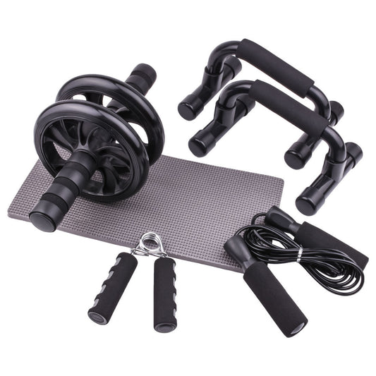 Set of black fitness equipment including dumbbells, resistance bands, and an exercise mat on a white background.