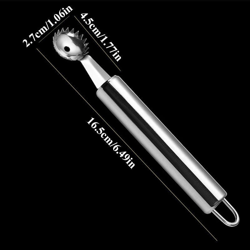Metal fruit peeler with measurements on a black background