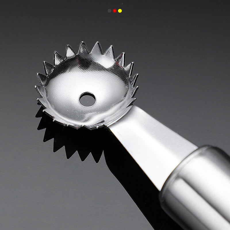 Metallic kitchen tool with a spiny design on a gray background