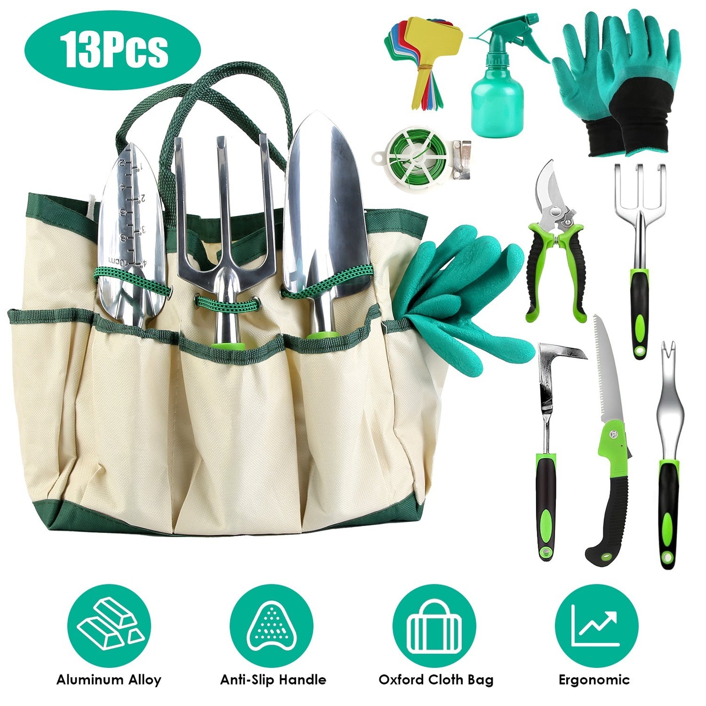 Gardening tool set with tools, gloves, and a bag on a white background