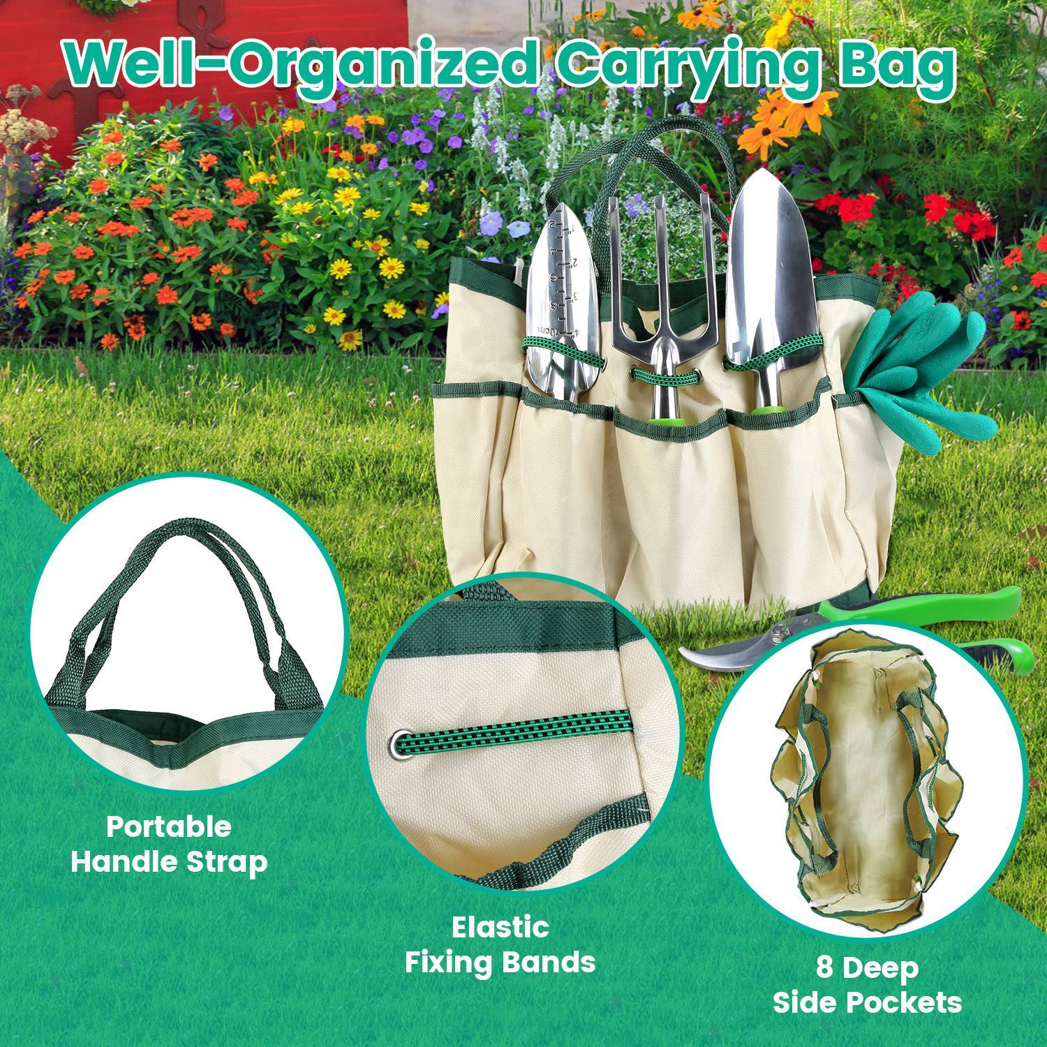 Gardening tool set in a carrying bag with features highlighted on a green background.