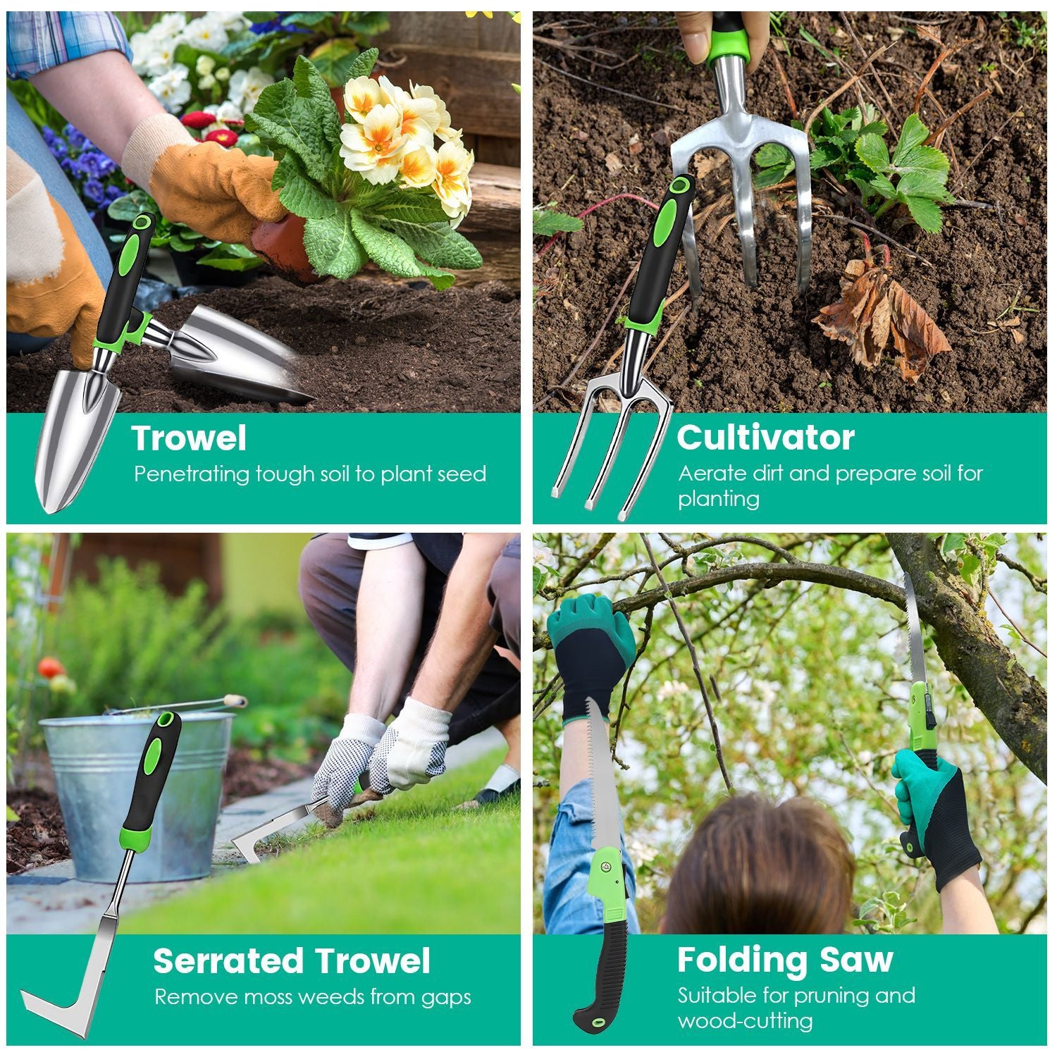 Gardening tools including a trowel, cultivator, serrated trowel, and folding saw with their respective uses on a green background.