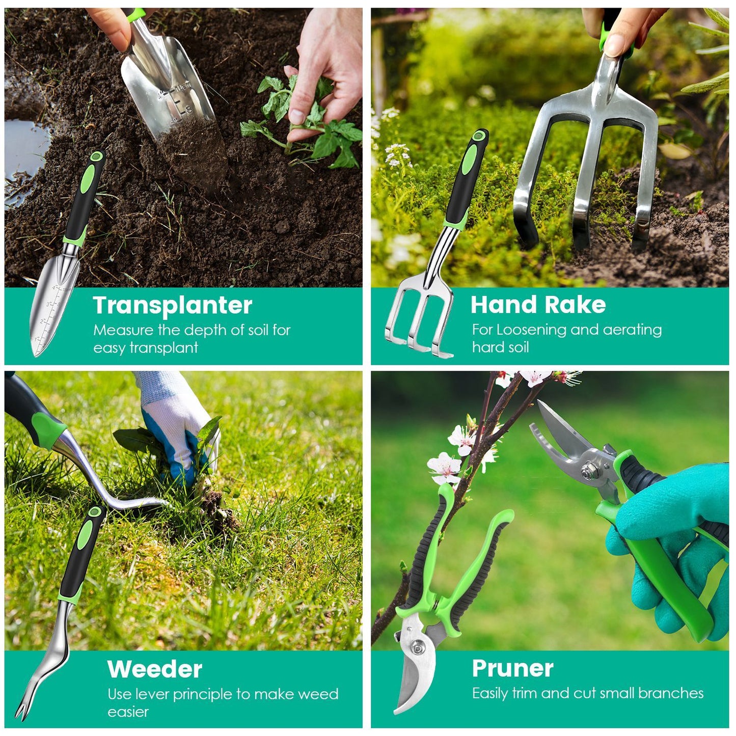 Gardening tools including a transplanter, hand rake, weeder, and pruner with text labels on a green background.