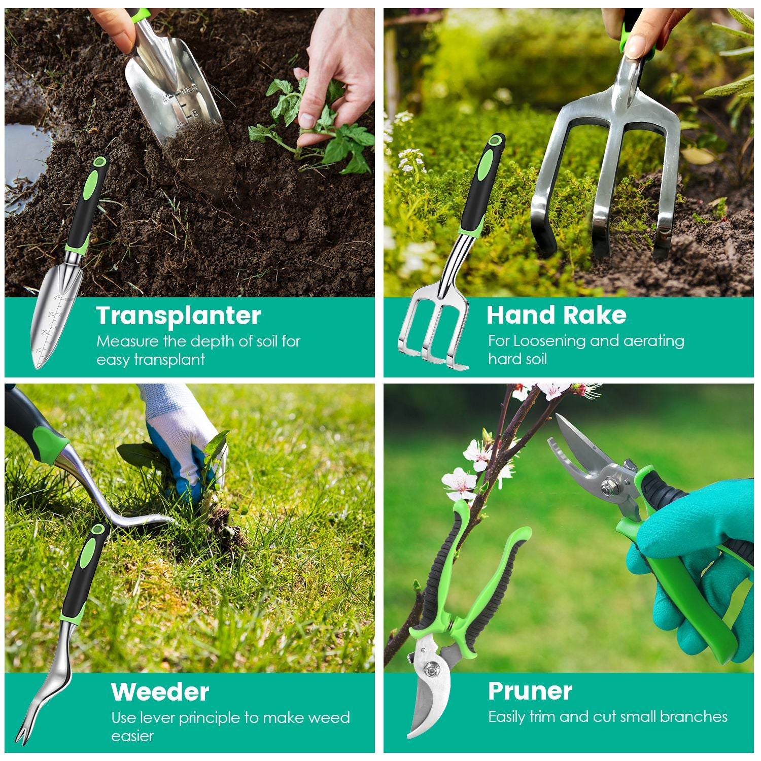 Gardening tools including a transplanter, hand rake, weeder, and pruner with text labels on a green background.