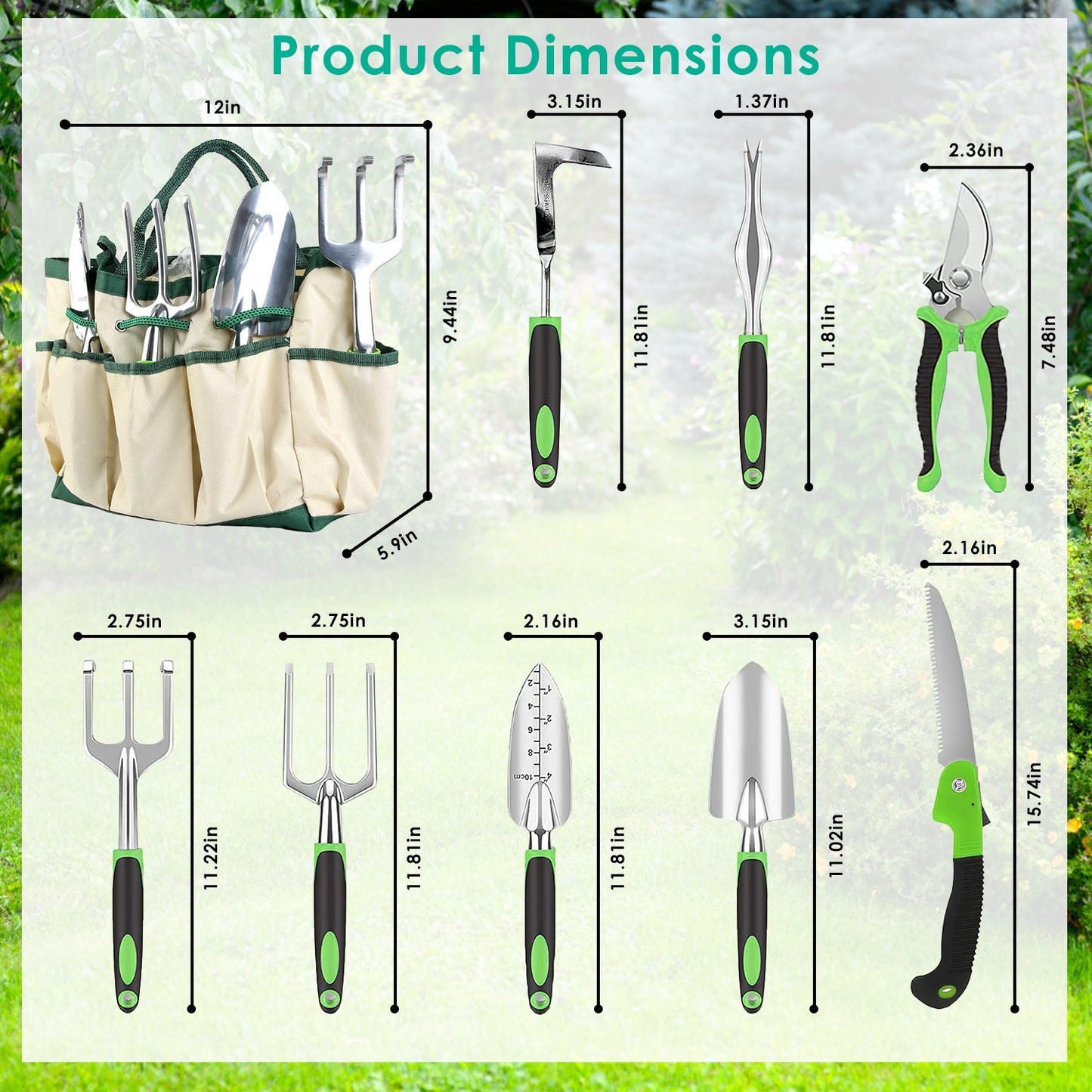 Gardening tool set with dimensions displayed on a green background