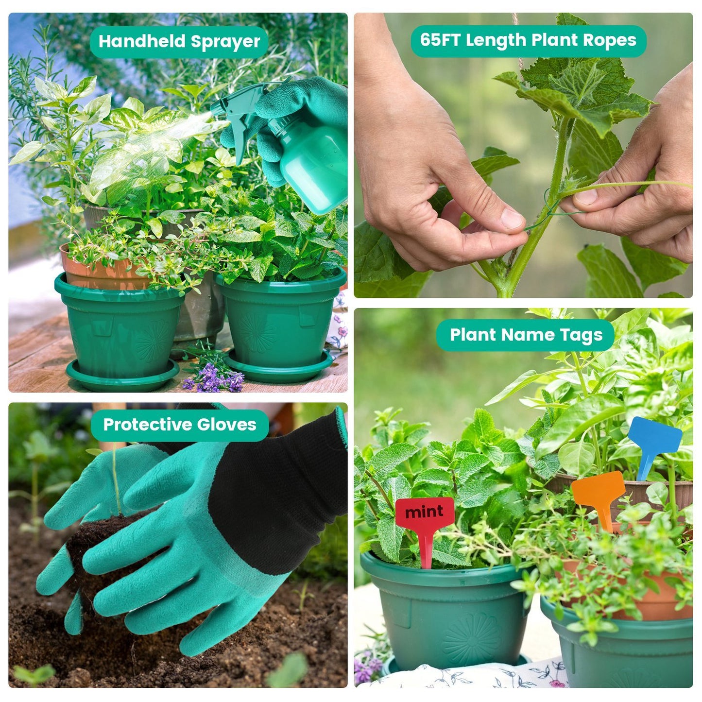 Collage of gardening tools and supplies including a handheld sprayer, plant ropes, name tags, and protective gloves.
