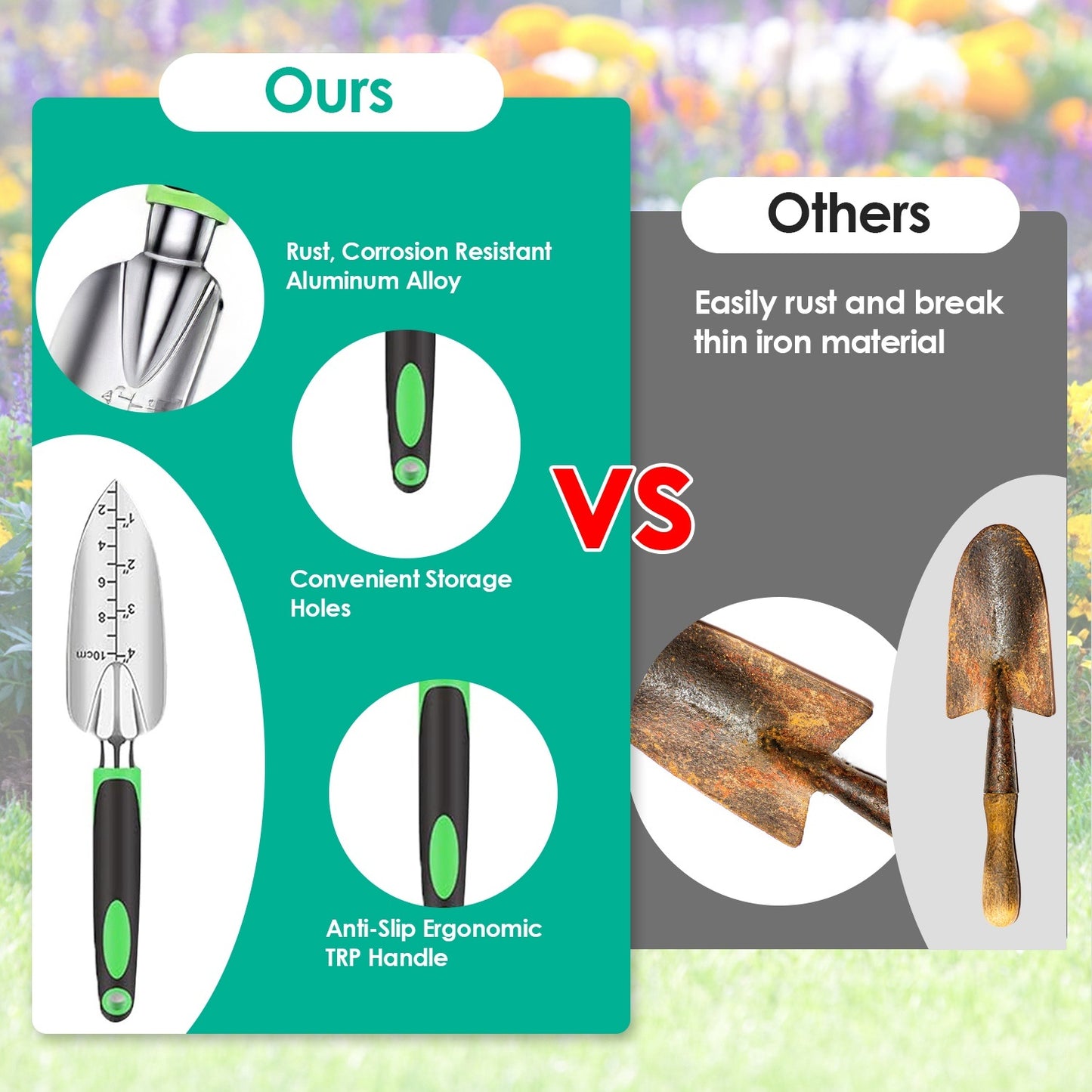 Comparison of a rust-resistant gardening tool with a劣质版本 on a blurred garden background