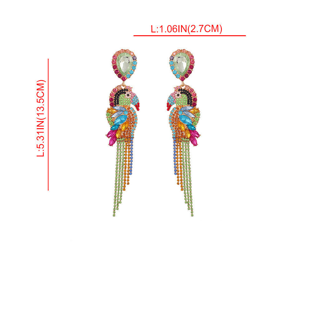 Colorful beaded earrings with measurements on a white background