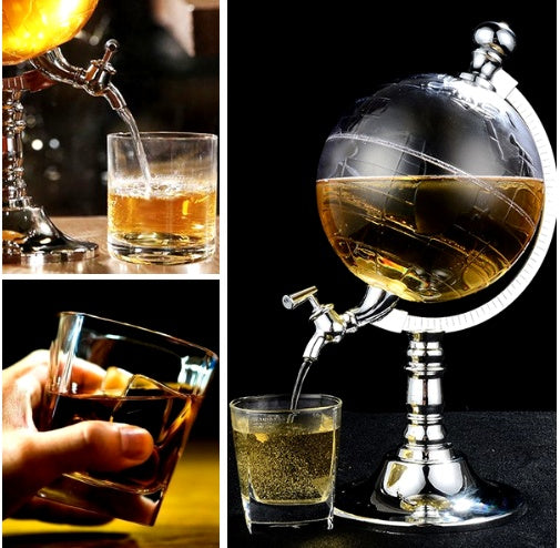 Globe-shaped decanter with spout pouring liquid into glasses, surrounded by close-up shots of the decanter and liquid.