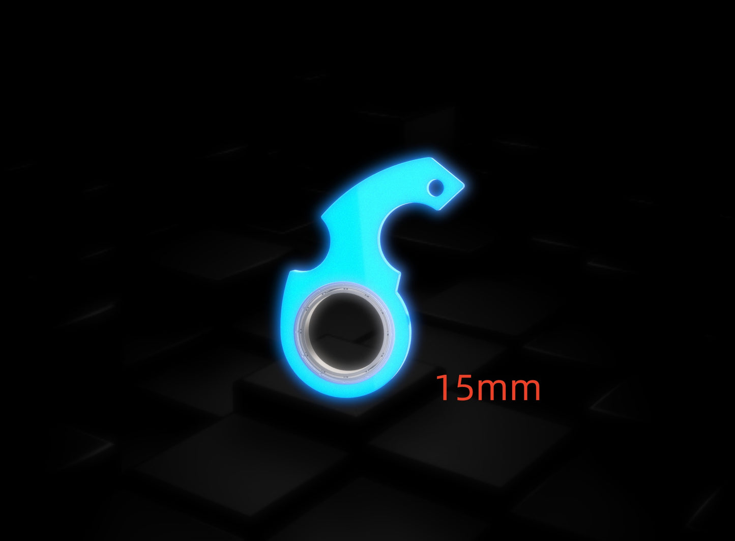 Blue metallic object with '15mm' text on a dark background
