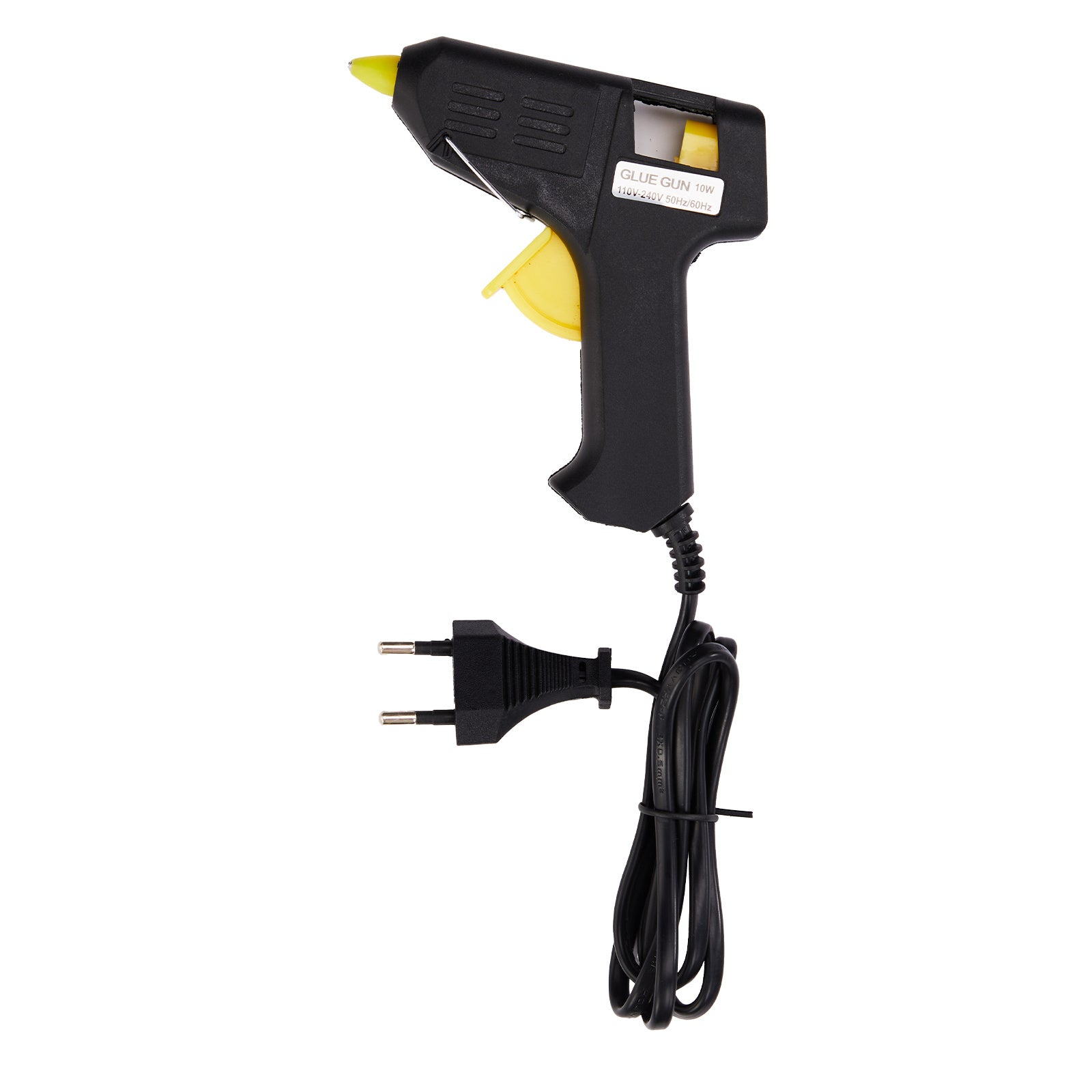 Black and yellow glue gun with power cord on a white background